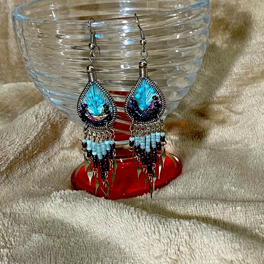 Native Indian Design Wire & Seed Bead Drop Earrings Blue & Black